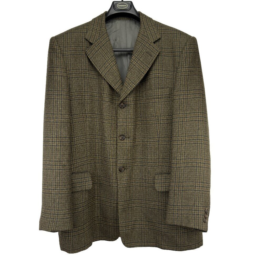 VINTAGE Tweed Houndstooth Dior Fabric Single Breasted‎ Plaid Brown Blazer L / XL